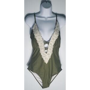 Cupshe Womens Embroidered Green One Piece Swim Suit Size Large Boho Sexy Classy